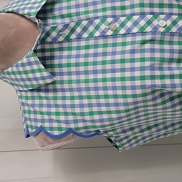 Talbots, Size 8 Blue, Green & White Checkered Sleeveless Shirt, Scalloped Edges - Picture 2 of 11